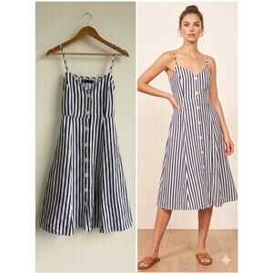 ZARA Blue and White Vertical Striped Button-Front Boho Midi Dress - Size Medium